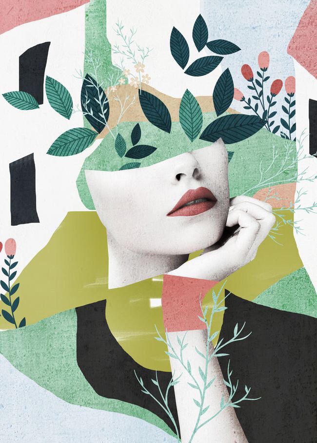 Hakomi somatic therapy online - collage woman's nose, mouth and hand